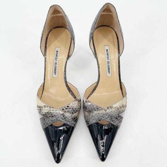 Manolo Blahnik Black Patent Snakeskin Plexi D’Orsay Pointed Toe Heels IT 40 - Picture 6 of 13